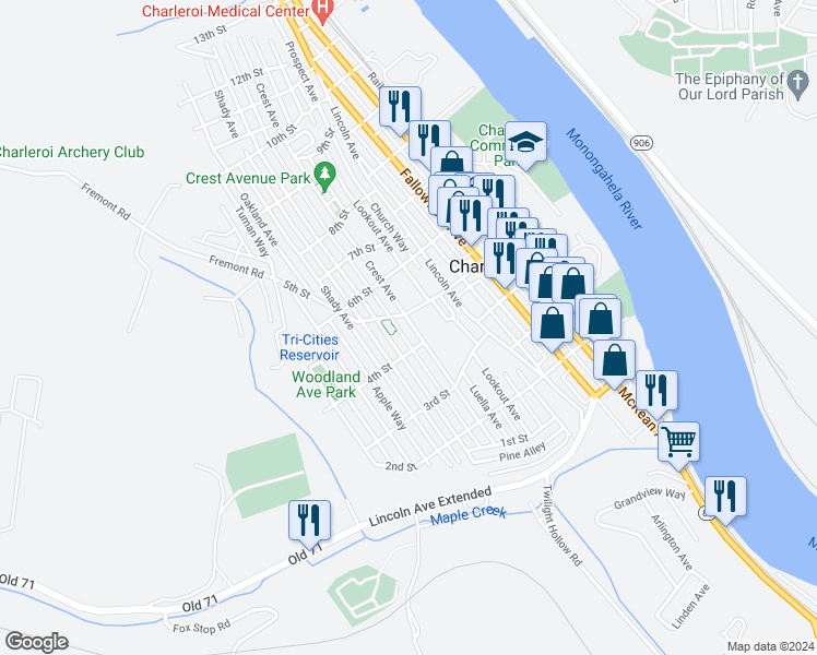 map of restaurants, bars, coffee shops, grocery stores, and more near 411 Crest Avenue in Charleroi