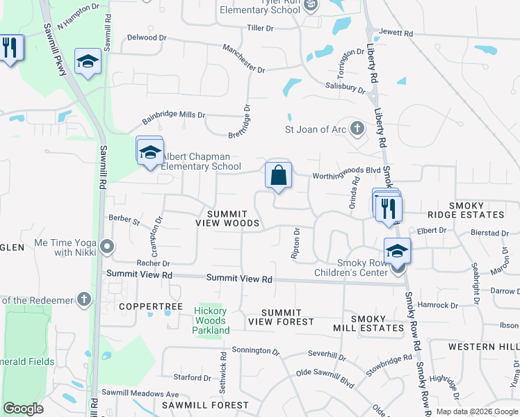map of restaurants, bars, coffee shops, grocery stores, and more near 8818 Greenburg Drive in Powell