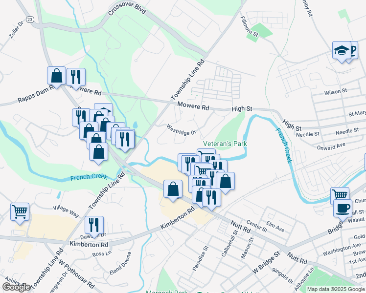 map of restaurants, bars, coffee shops, grocery stores, and more near 365 Westridge Circle in Phoenixville