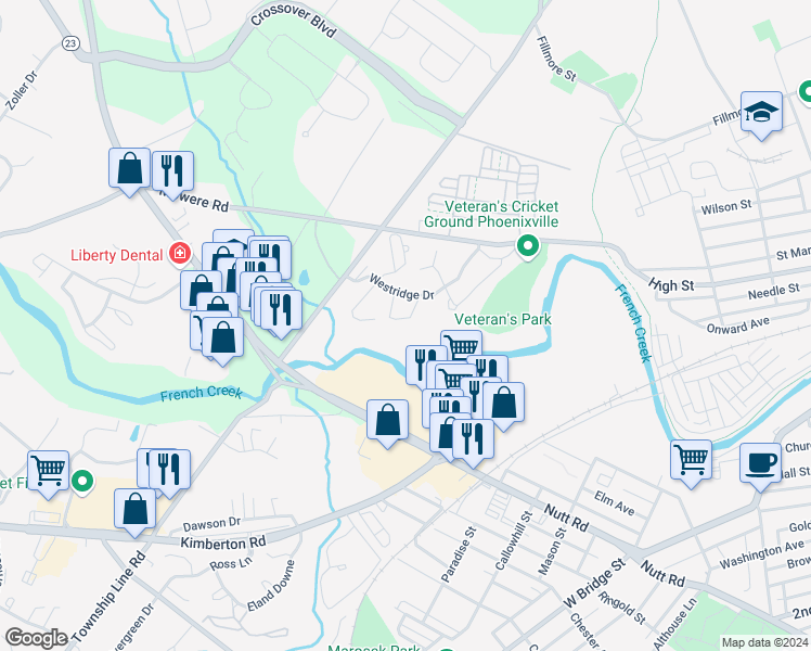 map of restaurants, bars, coffee shops, grocery stores, and more near 359 Westridge Circle in Phoenixville