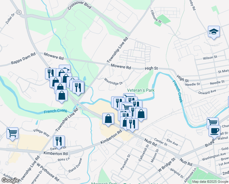 map of restaurants, bars, coffee shops, grocery stores, and more near 365 Westridge Cir in Phoenixville