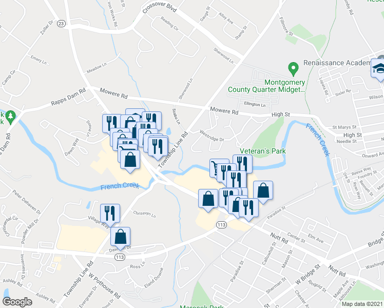 map of restaurants, bars, coffee shops, grocery stores, and more near 143 Westridge Place South in Phoenixville