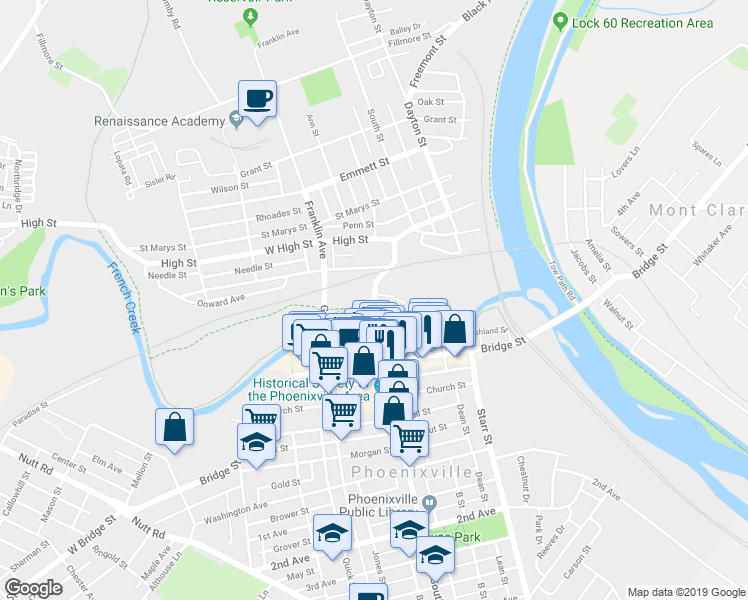 map of restaurants, bars, coffee shops, grocery stores, and more near 31 North Main Street in Phoenixville