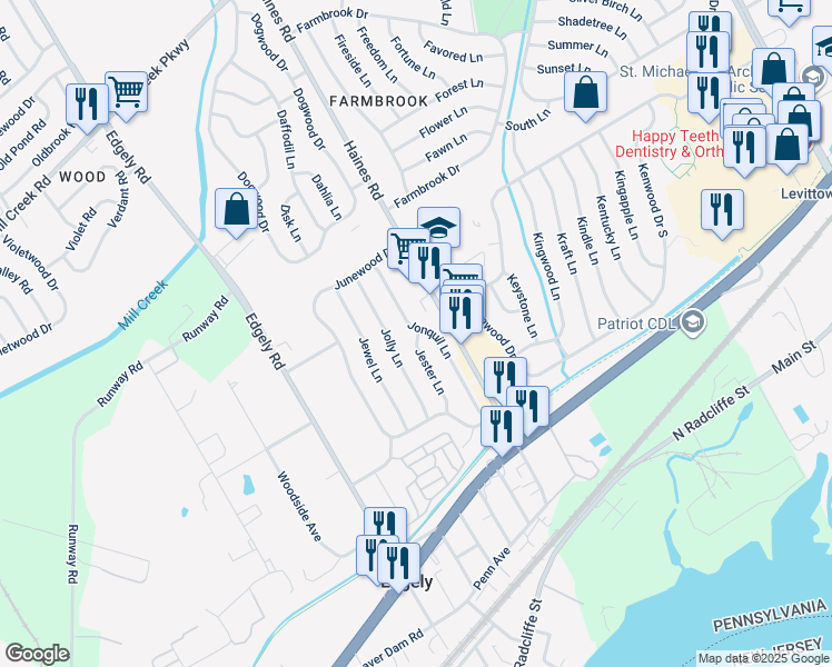 map of restaurants, bars, coffee shops, grocery stores, and more near 67 Jonquil Lane in Levittown