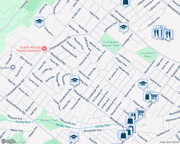 map of restaurants, bars, coffee shops, grocery stores, and more near 1438 Doris Road in Abington