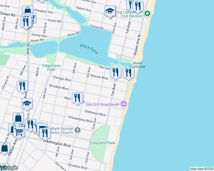 map of restaurants, bars, coffee shops, grocery stores, and more near 202 2nd Avenue in Sea Girt