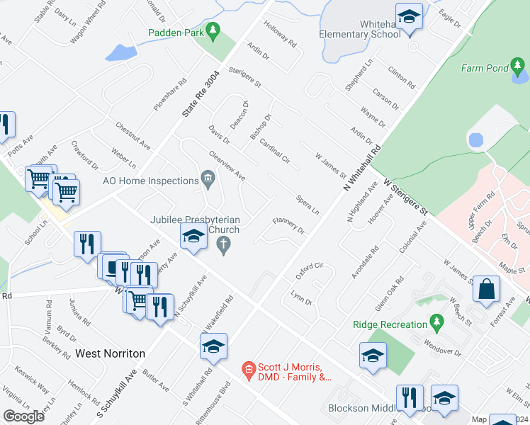 map of restaurants, bars, coffee shops, grocery stores, and more near 38 Republic Avenue in Norristown