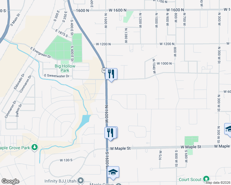 map of restaurants, bars, coffee shops, grocery stores, and more near 490 North 1600 West in Mapleton
