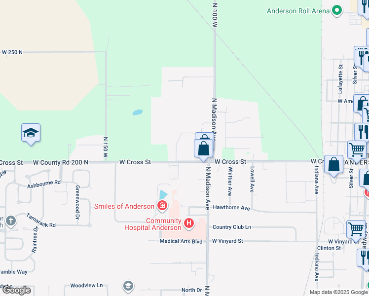 map of restaurants, bars, coffee shops, grocery stores, and more near 1118 West Cross Street in Anderson