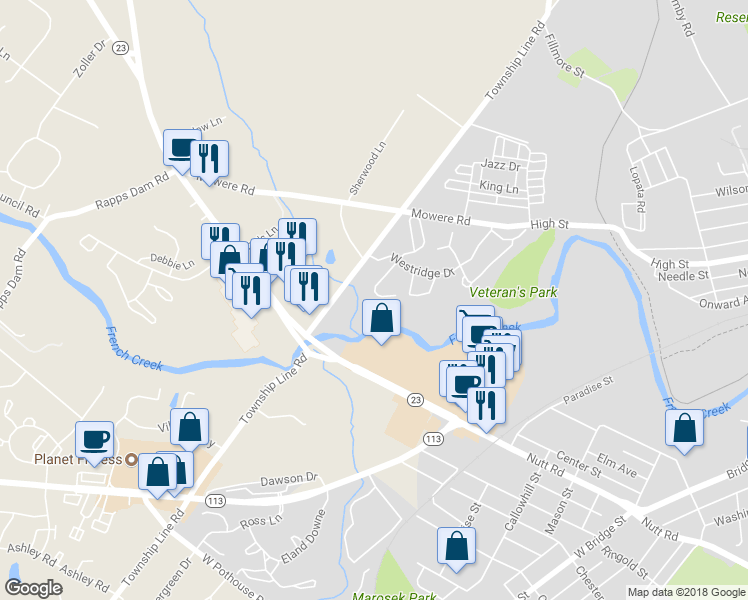 map of restaurants, bars, coffee shops, grocery stores, and more near 141 Westridge Place South in Phoenixville