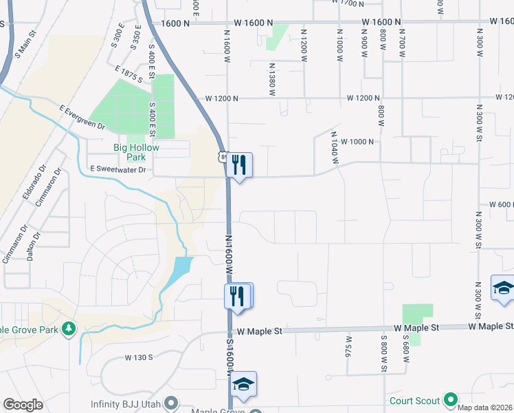 map of restaurants, bars, coffee shops, grocery stores, and more near 1465 West 800 North in Mapleton