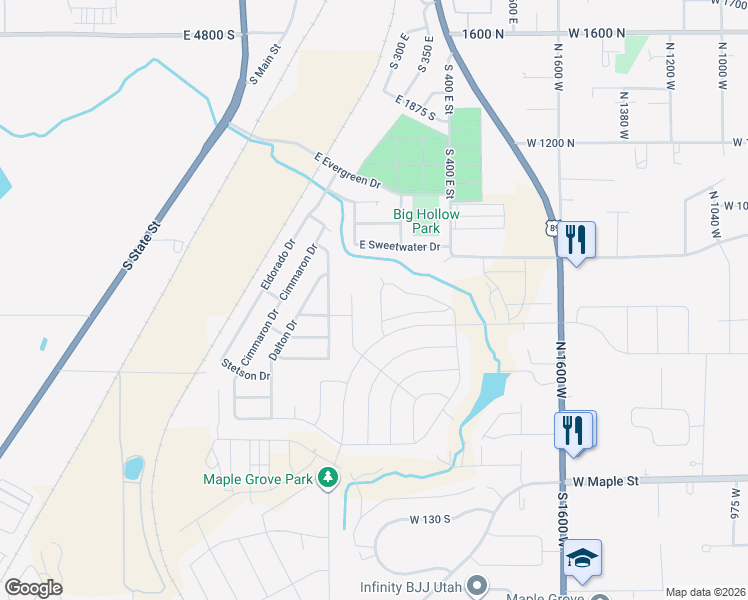 map of restaurants, bars, coffee shops, grocery stores, and more near East 2475 South in Springville