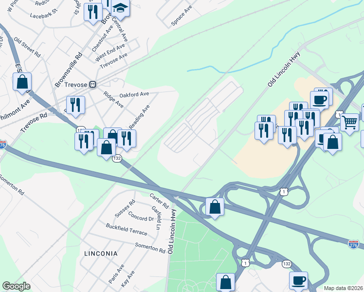 map of restaurants, bars, coffee shops, grocery stores, and more near 3300 Old Lincoln Highway in Feasterville-Trevose