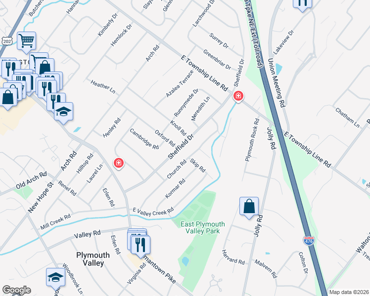 map of restaurants, bars, coffee shops, grocery stores, and more near 1 Skip Road in Plymouth Meeting