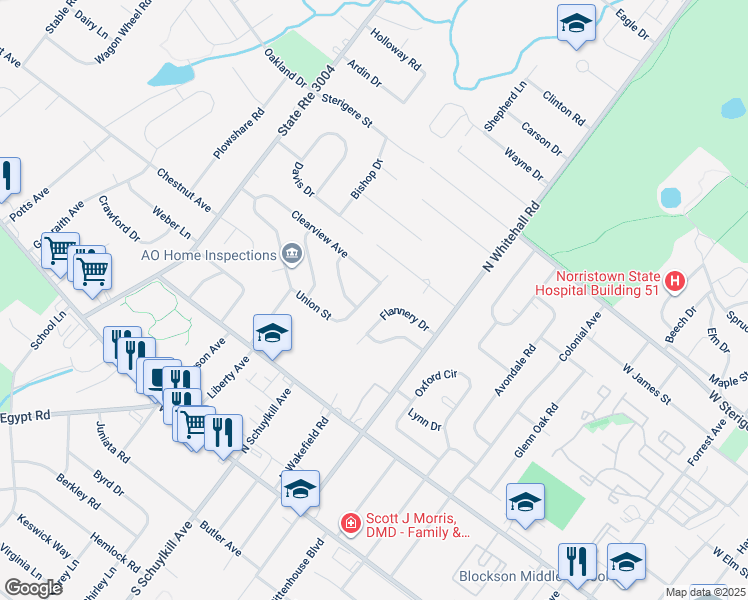 map of restaurants, bars, coffee shops, grocery stores, and more near 38 Republic Avenue in Norristown