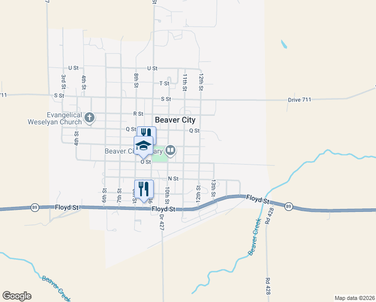 map of restaurants, bars, coffee shops, grocery stores, and more near 1100-1198 O Street in Beaver City