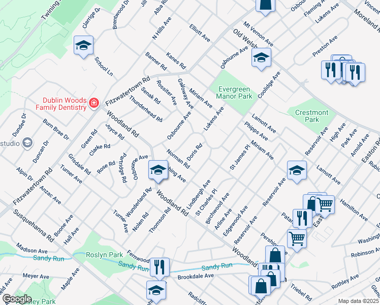 map of restaurants, bars, coffee shops, grocery stores, and more near 1438 Doris Road in Abington