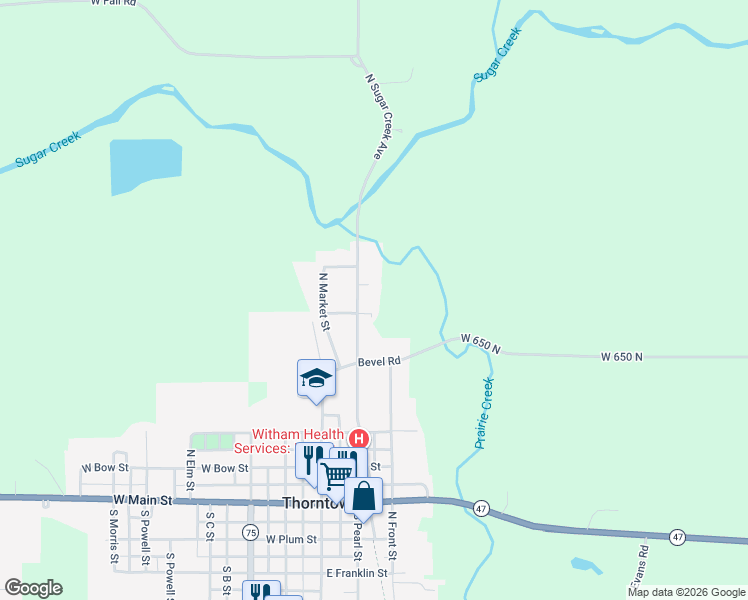 map of restaurants, bars, coffee shops, grocery stores, and more near 442 North Pearl Street in Thorntown