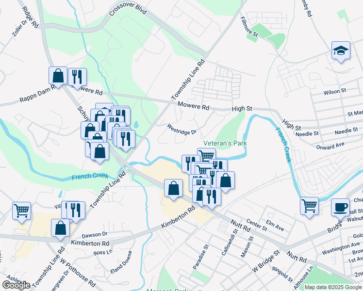 map of restaurants, bars, coffee shops, grocery stores, and more near 359 Westridge Circle in Phoenixville