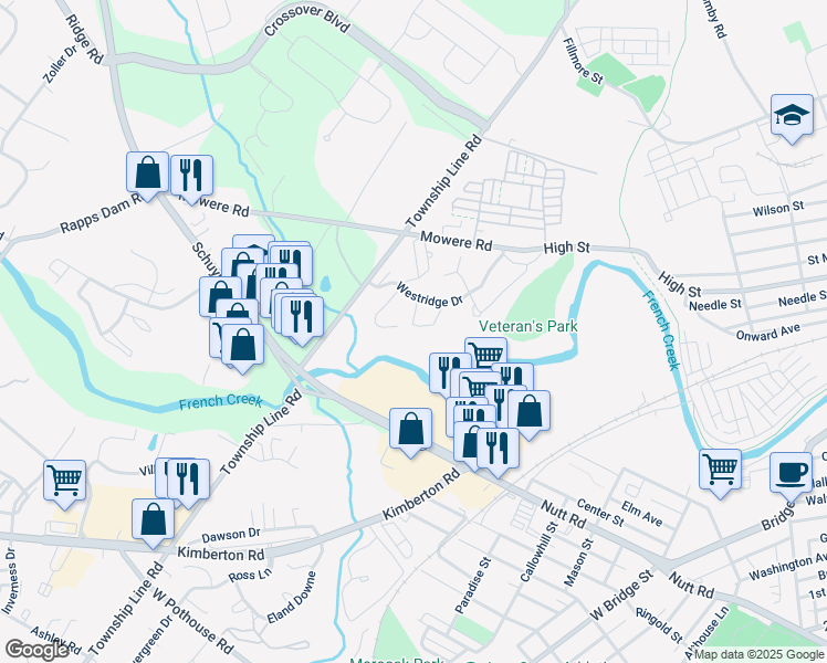 map of restaurants, bars, coffee shops, grocery stores, and more near 337 Westridge Circle in Phoenixville