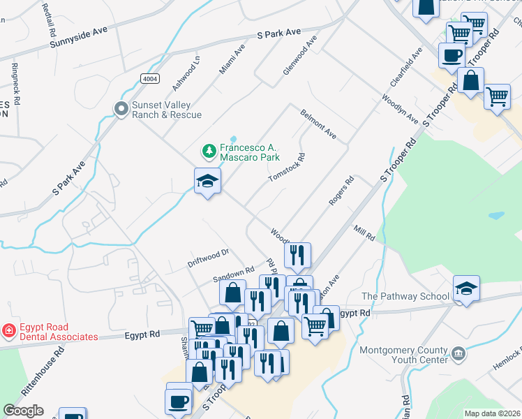 map of restaurants, bars, coffee shops, grocery stores, and more near 2626 Woodland Avenue in Eagleville