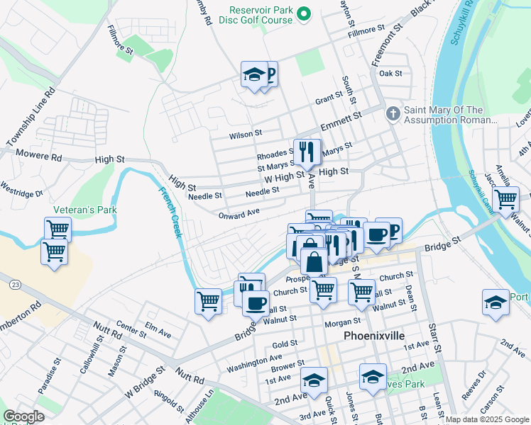 map of restaurants, bars, coffee shops, grocery stores, and more near 498 Onward Avenue in Phoenixville