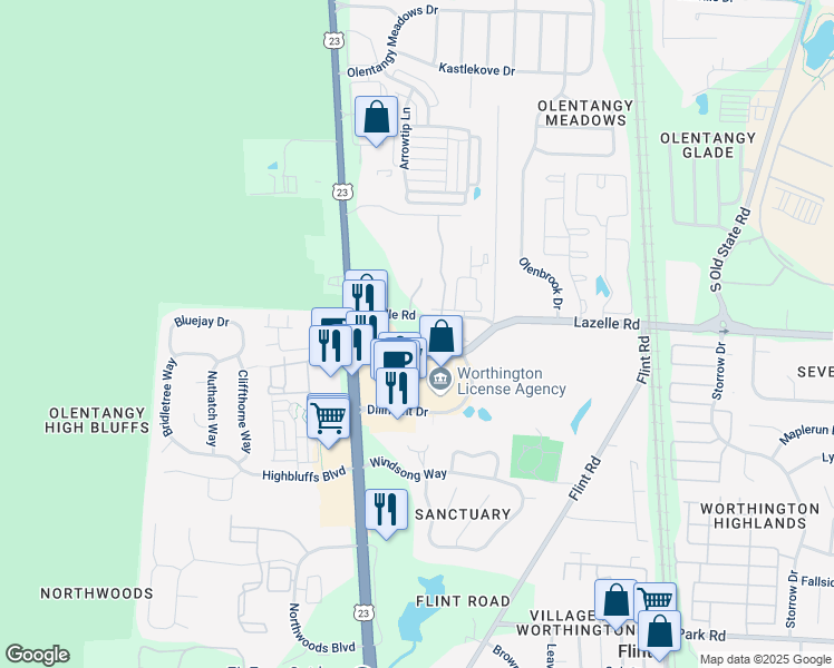 map of restaurants, bars, coffee shops, grocery stores, and more near 55 Lazelle Road East in Columbus