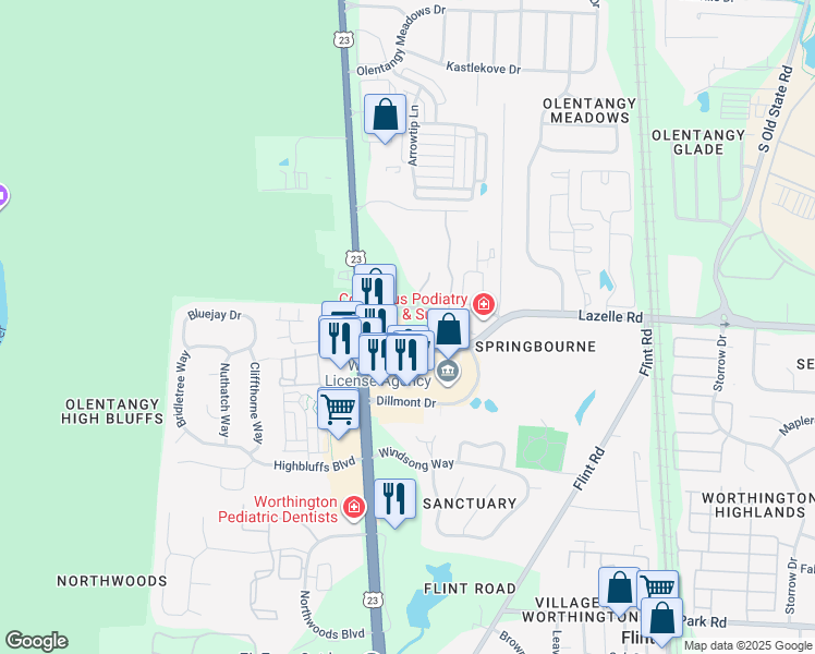 map of restaurants, bars, coffee shops, grocery stores, and more near 55 Lazelle Road East in Columbus
