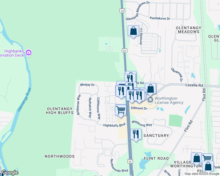 map of restaurants, bars, coffee shops, grocery stores, and more near 70 Liberty Commons Road in Columbus