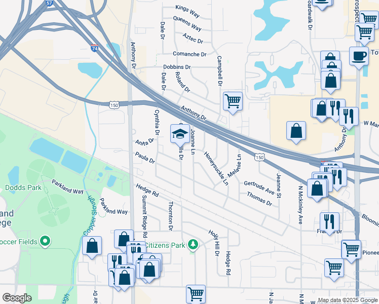 map of restaurants, bars, coffee shops, grocery stores, and more near 1901 Joanne Lane in Champaign