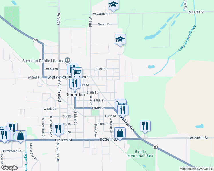 map of restaurants, bars, coffee shops, grocery stores, and more near 309 South White Avenue in Sheridan