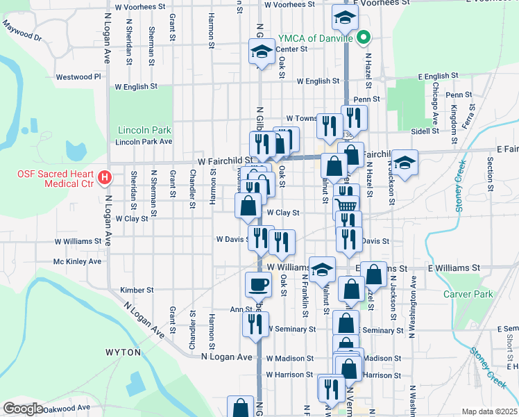 map of restaurants, bars, coffee shops, grocery stores, and more near 714 North Gilbert Street in Danville