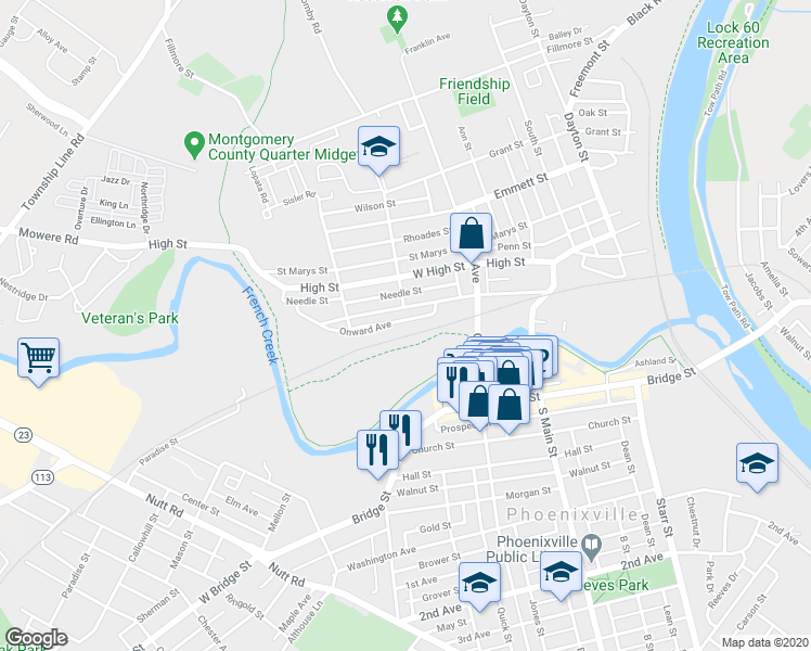 map of restaurants, bars, coffee shops, grocery stores, and more near 498 Onward Avenue in Phoenixville