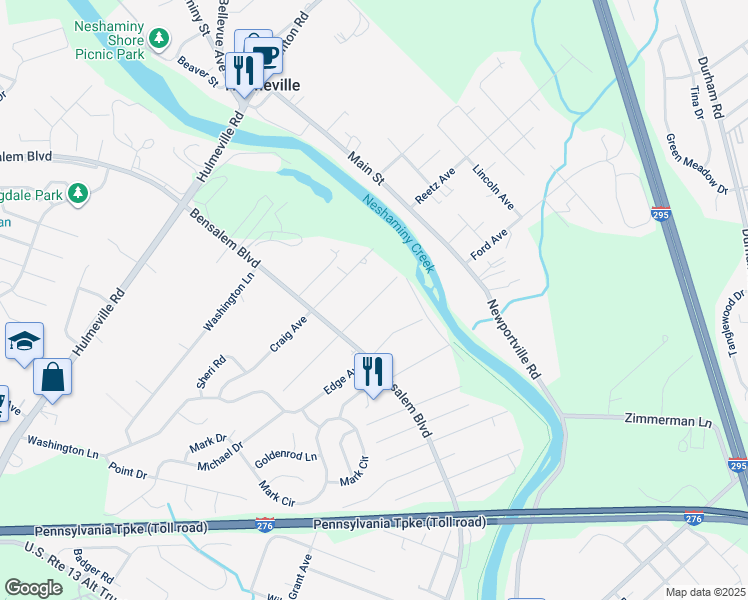 map of restaurants, bars, coffee shops, grocery stores, and more near 6418 Garrett Avenue in Bensalem