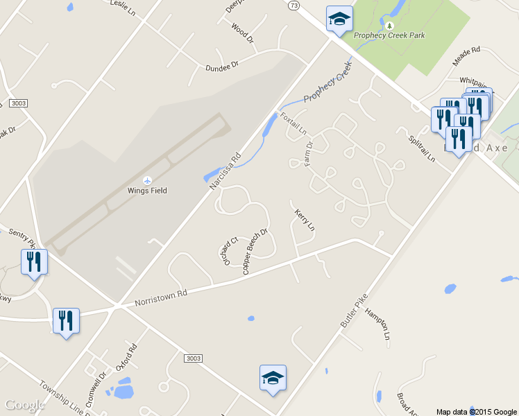 map of restaurants, bars, coffee shops, grocery stores, and more near 262 Copper Beech Drive in Blue Bell