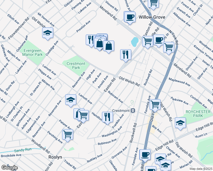 map of restaurants, bars, coffee shops, grocery stores, and more near 1712 Easton Road in Willow Grove