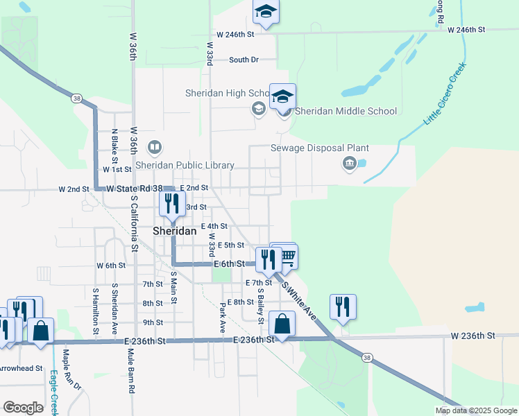 map of restaurants, bars, coffee shops, grocery stores, and more near 509 East 4th Street in Sheridan