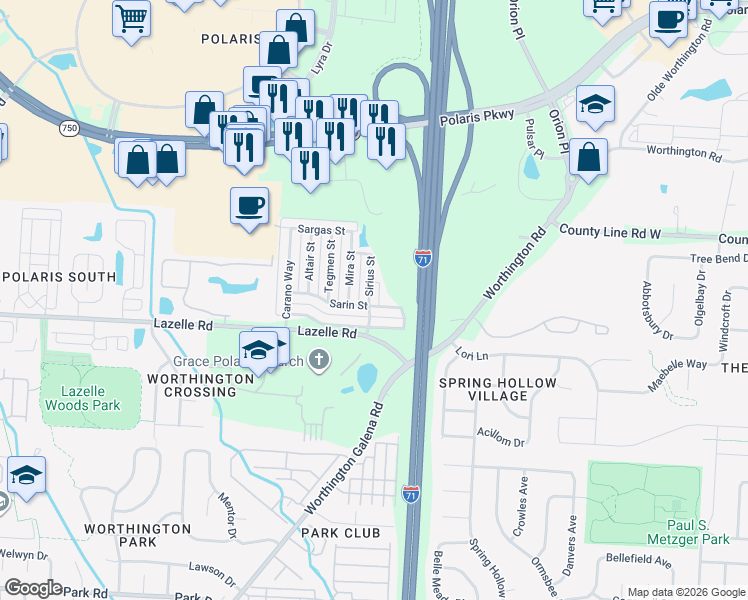 map of restaurants, bars, coffee shops, grocery stores, and more near 8252 Sirius Street in Columbus