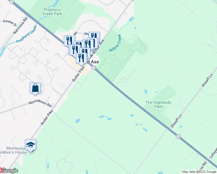 map of restaurants, bars, coffee shops, grocery stores, and more near 40 Skippack Pike in Ambler