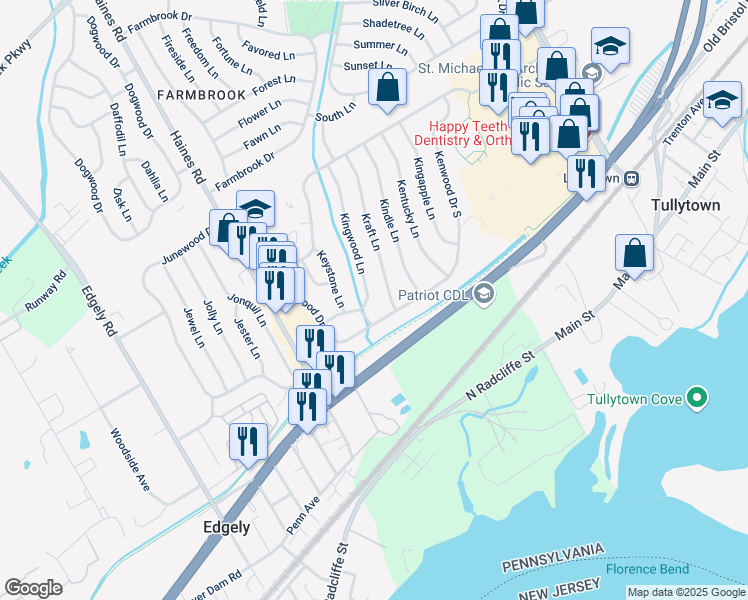 map of restaurants, bars, coffee shops, grocery stores, and more near 86 Kenwood Drive South in Levittown