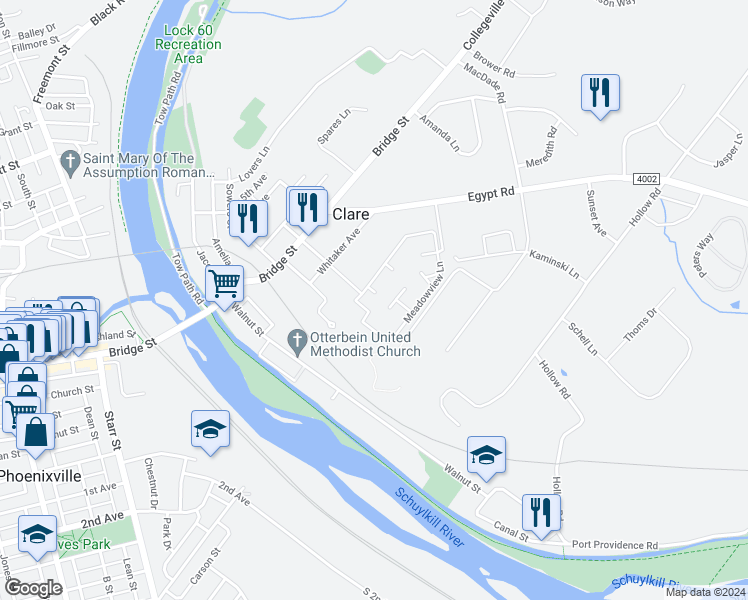map of restaurants, bars, coffee shops, grocery stores, and more near 825 Meadowview Lane in Mont Clare