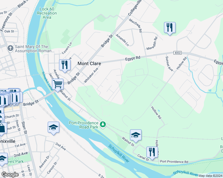 map of restaurants, bars, coffee shops, grocery stores, and more near 1311 Meadowview Lane in Mont Clare