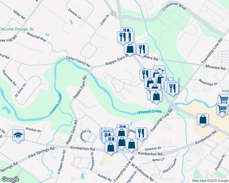 map of restaurants, bars, coffee shops, grocery stores, and more near 2202 Dawn Way in Phoenixville