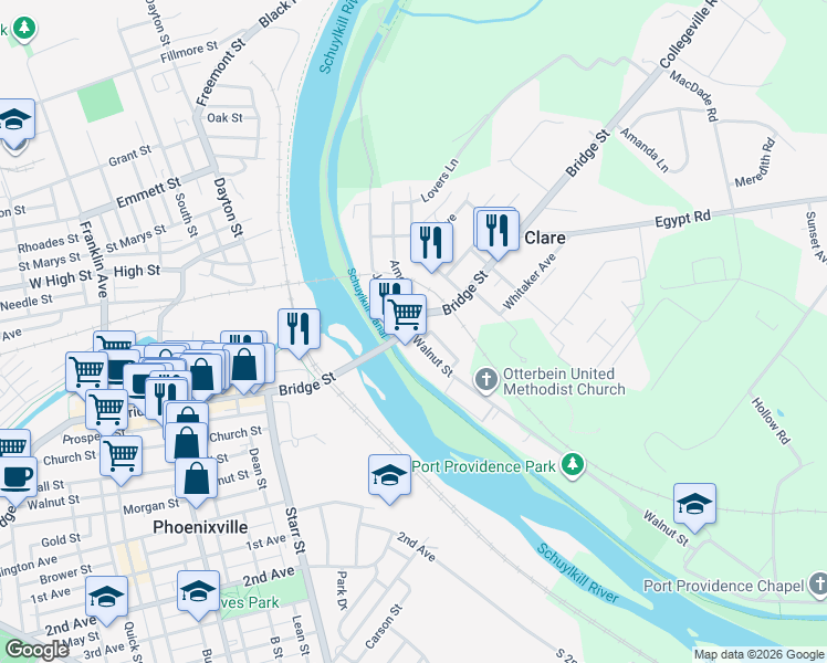 map of restaurants, bars, coffee shops, grocery stores, and more near 126 Bridge Street in Mont Clare