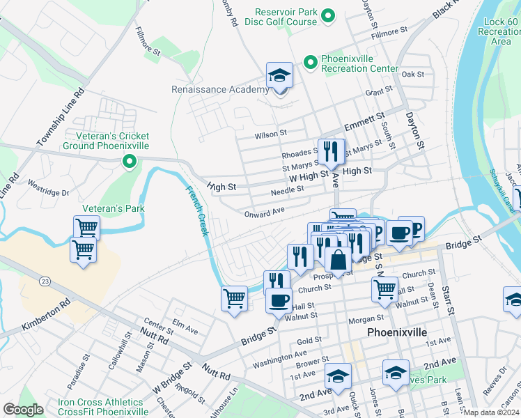 map of restaurants, bars, coffee shops, grocery stores, and more near 543 Onward Avenue in Phoenixville