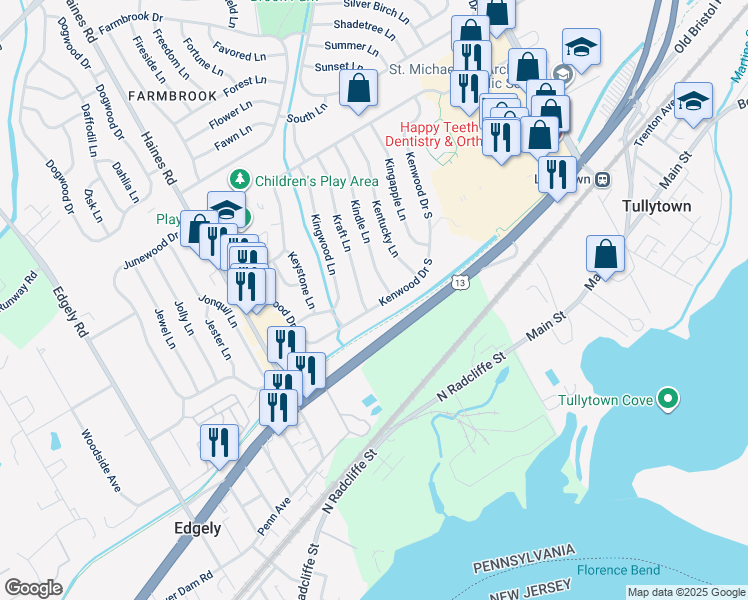 map of restaurants, bars, coffee shops, grocery stores, and more near 101 Kenwood Drive South in Levittown