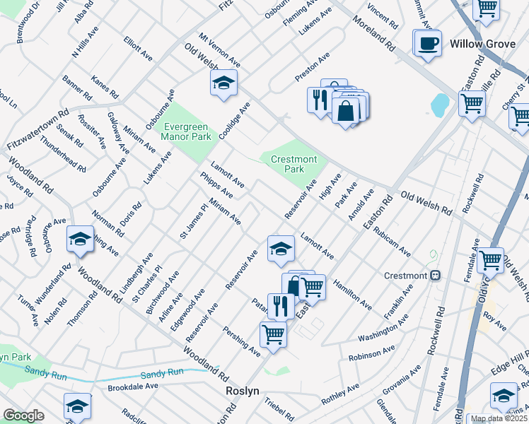 map of restaurants, bars, coffee shops, grocery stores, and more near 2546 Lamott Avenue in Willow Grove