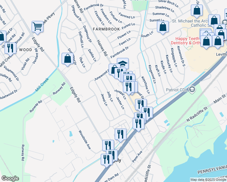 map of restaurants, bars, coffee shops, grocery stores, and more near 67 Jonquil Lane in Levittown