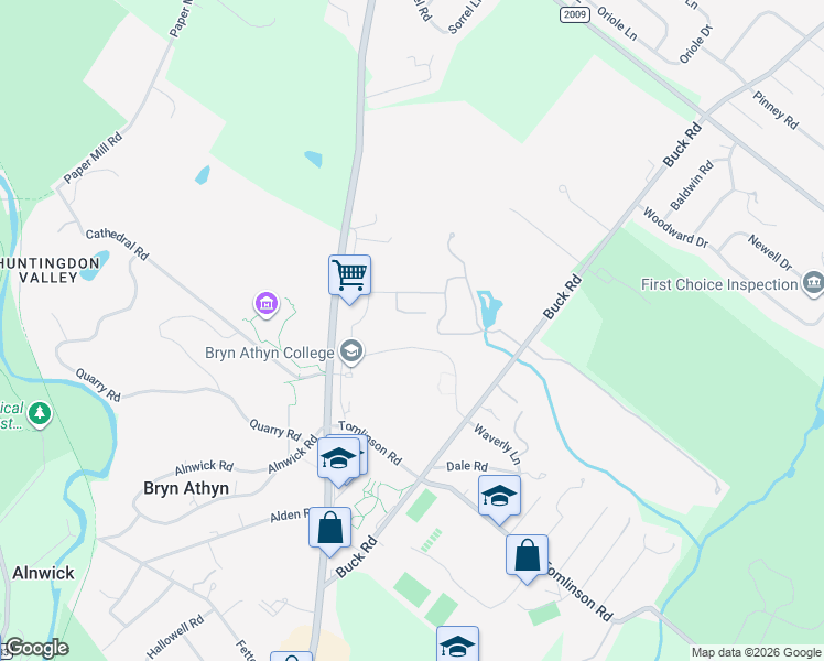 map of restaurants, bars, coffee shops, grocery stores, and more near 2895 Campus Drive in Bryn Athyn