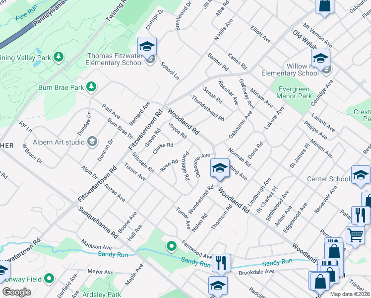 map of restaurants, bars, coffee shops, grocery stores, and more near 1366 Osbourne Avenue in Abington